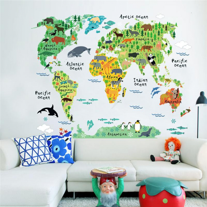 Sticker educativ cu Harta Lumii Luxer, Autocolant decorativ World Map Animals, 95x73 cm, harta lumii perete continente cu tari si capitale, mari si oceane autoadeziv pentru copii adulti ieftin dedeman jysk leroy ieftin luxer [4]