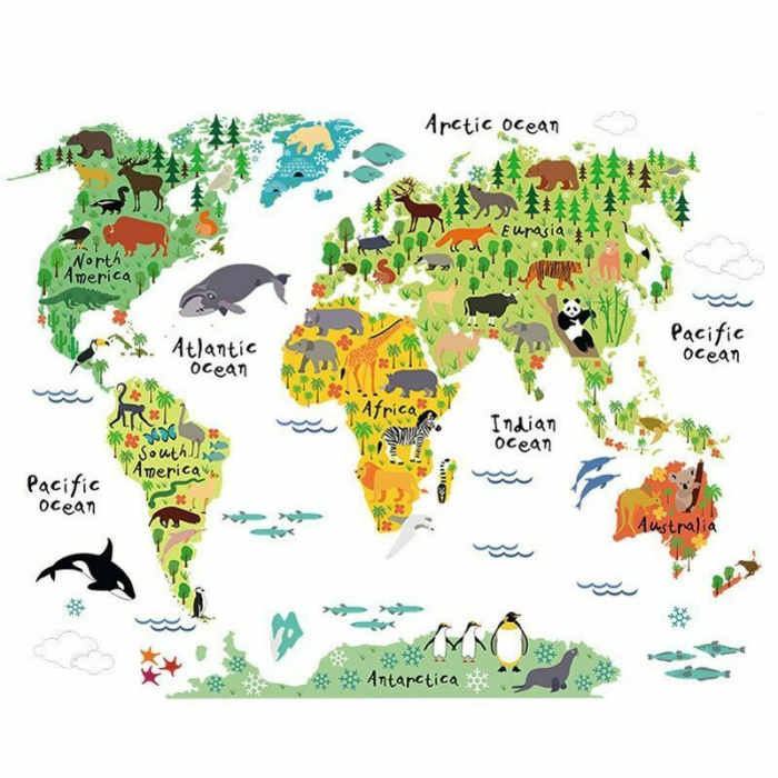 Sticker educativ cu Harta Lumii Luxer, Autocolant decorativ World Map Animals, 95x73 cm, harta lumii perete continente cu tari si capitale, mari si oceane autoadeziv pentru copii adulti ieftin dedeman jysk leroy ieftin luxer [8]