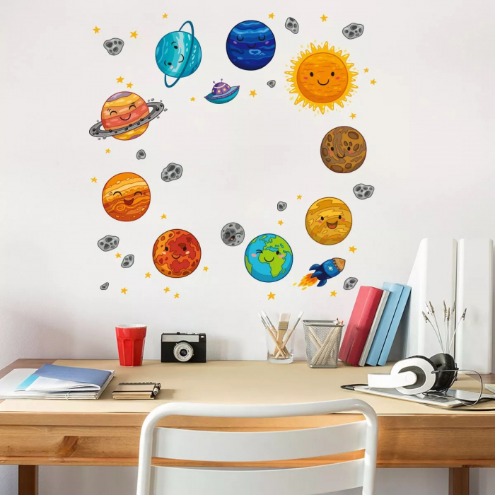 Sticker decorativ autocolant Smiley Solar System, Sistemul Solar cu 10 planete pentru copii educativ emag gradinita terra [3]
