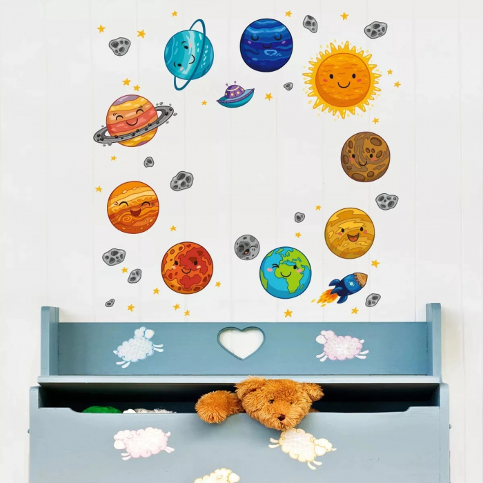 Sticker decorativ autocolant Smiley Solar System, Sistemul Solar cu 10 planete pentru copii educativ emag gradinita terra [4]
