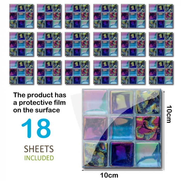 Stickere decorative pentru faianta sau perete Luxer, Set 18 buc, Mozaic Mov, 10x10 cm,stickere mosaics sticla ieftin perete baie bucatarie dedeman jysj autoadeziv luxer [5]