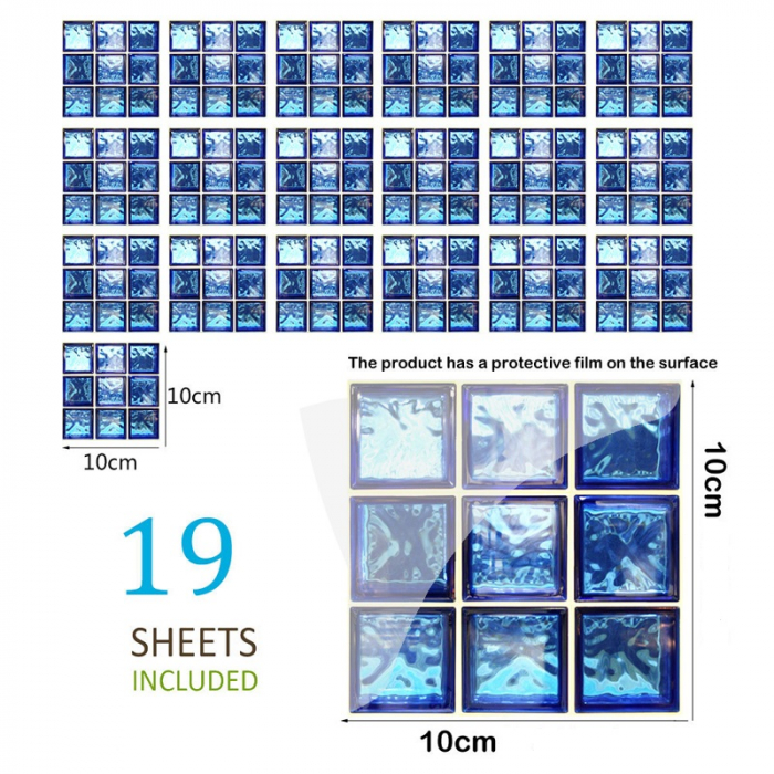 Stickere decorative pentru faianta sau perete Luxer, Set 19 buc, Mozaic Albastru Marin, 10x10 cm, stickere mosaics sticla ieftin perete baie bucatarie dedeman jysj autoadeziv ieftin luxer [6]
