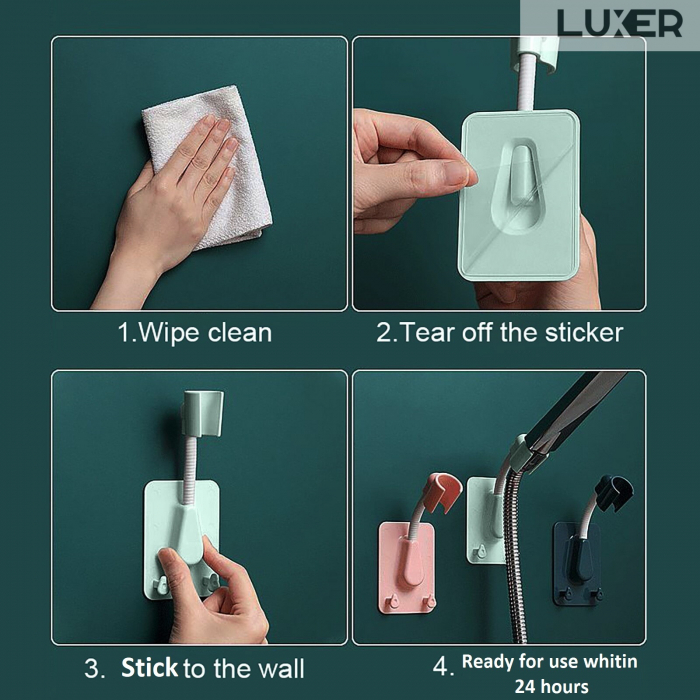 Suport Autoadeziv Pentru Capul de Dus cu 2 Agatatori, Reglabil 360 Grade, Alb/Roz/Albastru/Verde Luxer, suport para dus dedeman cu ventuza de perete reglabil dedeman hornbach leroy ikea grohe emag ieftin luxer [3]