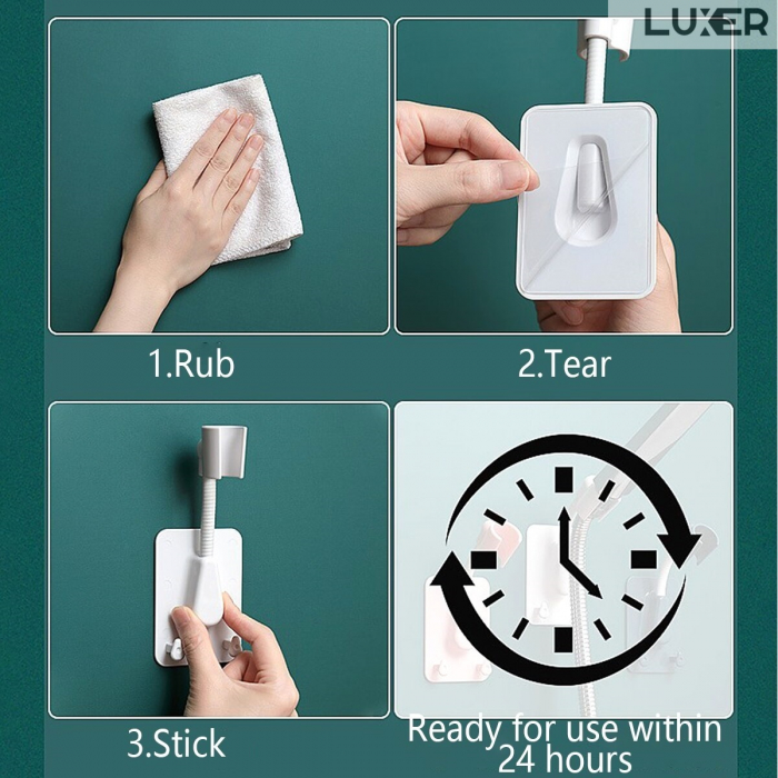Suport Autoadeziv Pentru Capul de Dus cu 2 Agatatori, Reglabil 360 Grade, Alb/Roz/Albastru/Verde Luxer, suport para dus dedeman cu ventuza de perete reglabil dedeman hornbach leroy ikea grohe emag ieftin luxer [11]