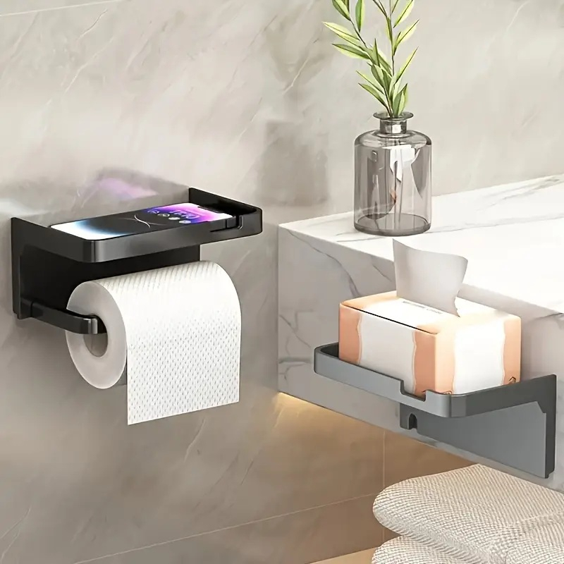 Suport Autoadeziv Pentru Hartia Igienica Cu Raft Pentru Telefon, Montaj Fara Gaurire, Gri Inchis, Dimensiuni 17.5x10x8 cm, Luxer [2]