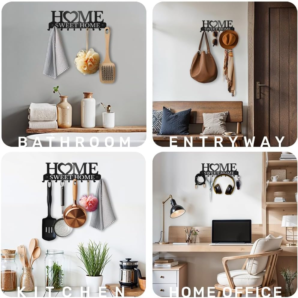 Suport pentru chei Luxer Home Sweet Home, negru mat, din metal, cu 10 agățători, dimensiuni 26x9.5x3 cm. [7]