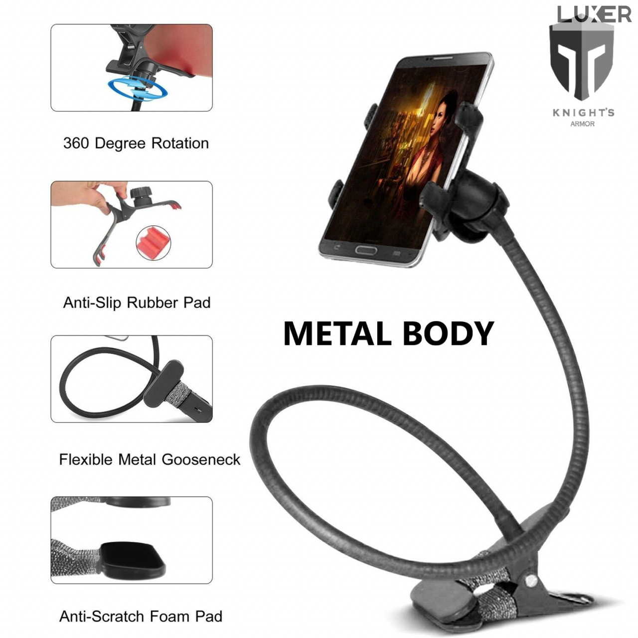 Suport Telefon cu Brat Lung Metalic Flexibil 360° si Clema de Prindere Multisuprafete, Rotativ, Universal, Negru Alb Rosu Albastru, Luxer, pentru [2]