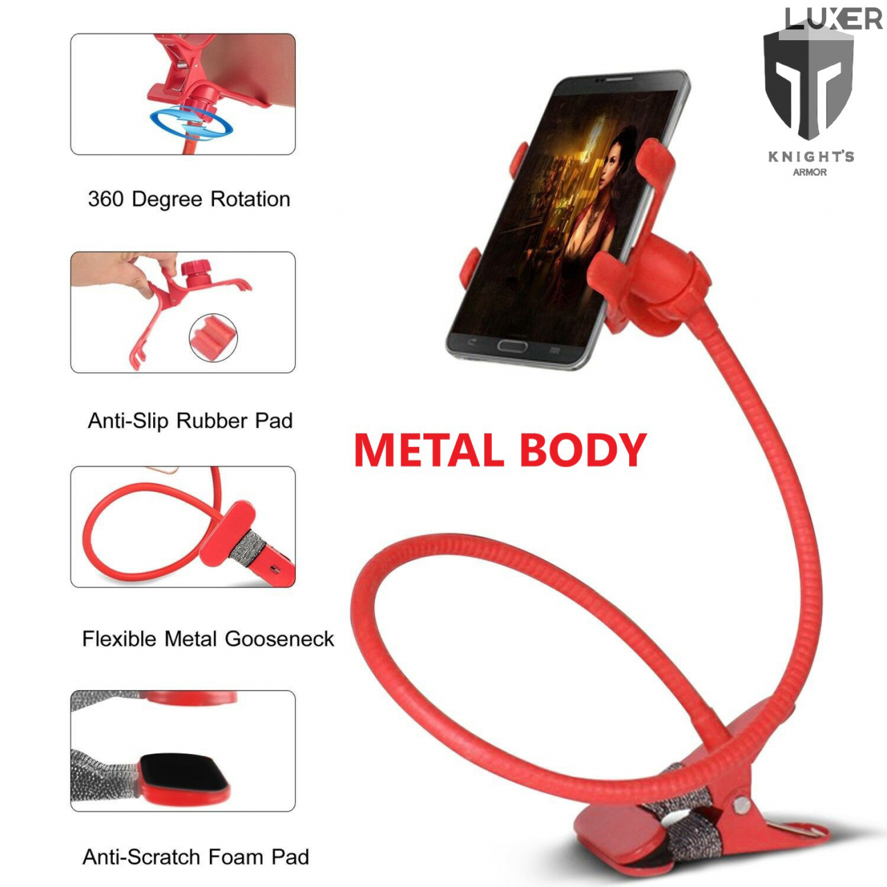 Suport Telefon cu Brat Lung Metalic Flexibil 360° si Clema de Prindere Multisuprafete, Rotativ, Universal, Negru Alb Rosu Albastru, Luxer, pentru [2]