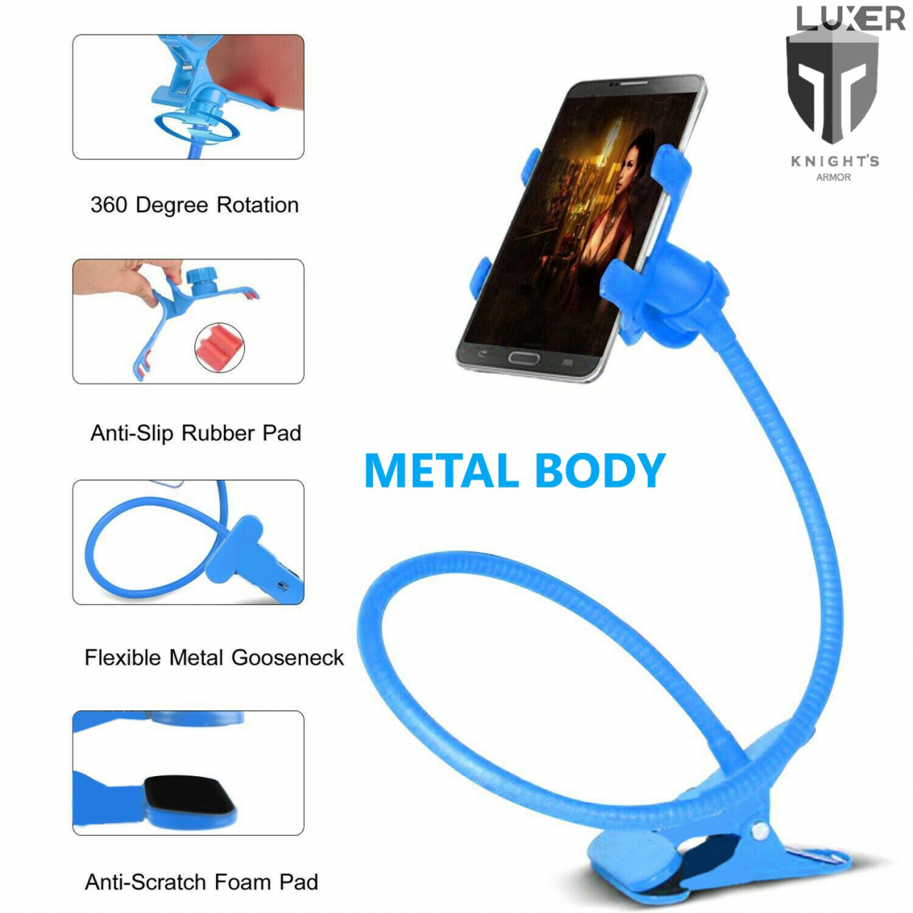 Suport Telefon cu Brat Lung Metalic Flexibil 360° si Clema de Prindere Multisuprafete, Rotativ, Universal, Negru Alb Rosu Albastru, Luxer, pentru [2]