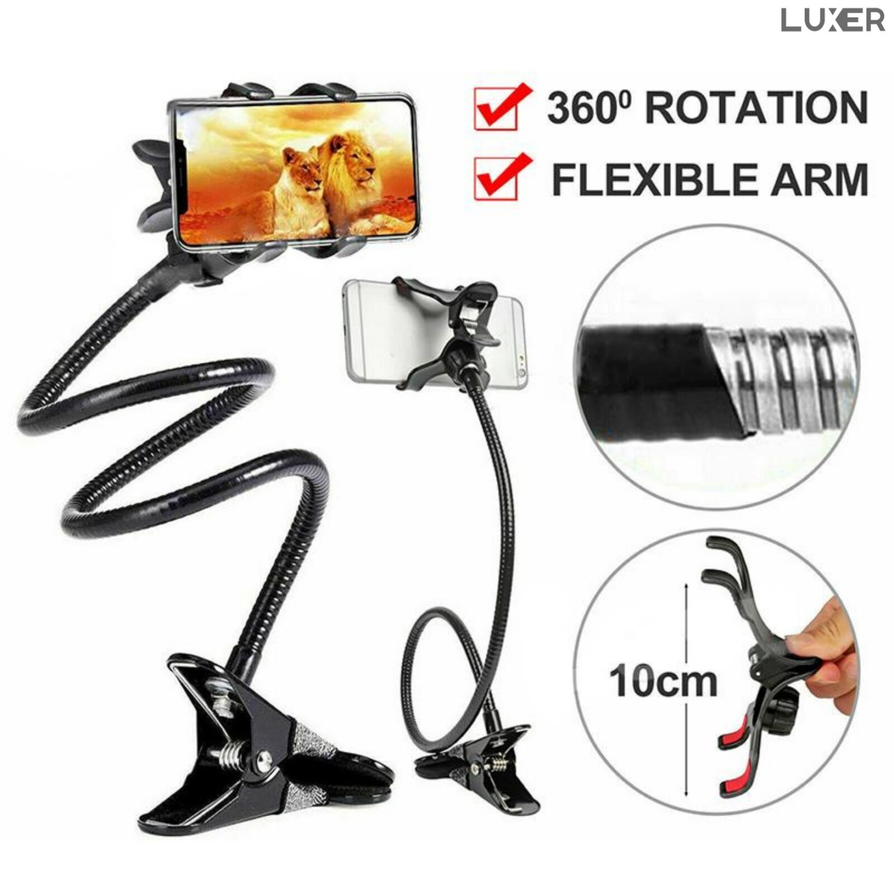 Suport Telefon cu Brat Lung Metalic Flexibil 360° si Clema de Prindere Multisuprafete, Rotativ, Universal, Negru Alb Rosu Albastru, Luxer, pentru [12]