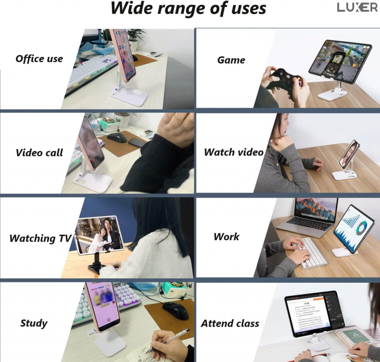Suport Universal Pliabil Luxer de Birou/Masa pentru Telefon/Tableta, Ajustabil, Multiple Unghiuri de Vizualizare si Inaltimi, Portabil, Materiale Premium, Alb/Negru, suport telefon pentru birou jumbo emag ikea altex flanco reglabil diferite unghiuri luxer [10]