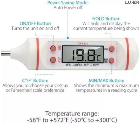 Termometru Alimentar Digital cu Sonda Metalica de Insertie, pentru Mancare sau Bauturi, Afisaj LCD, Oprire Automata, Interval de Masurare -50°C 300°C, 4 Butoane cu Memorie, Alb, Luxer [5]