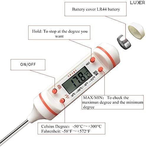 Termometru Alimentar Digital cu Sonda Metalica de Insertie, pentru Mancare sau Bauturi, Afisaj LCD, Oprire Automata, Interval de Masurare -50°C 300°C, 4 Butoane cu Memorie, Alb, Luxer [8]