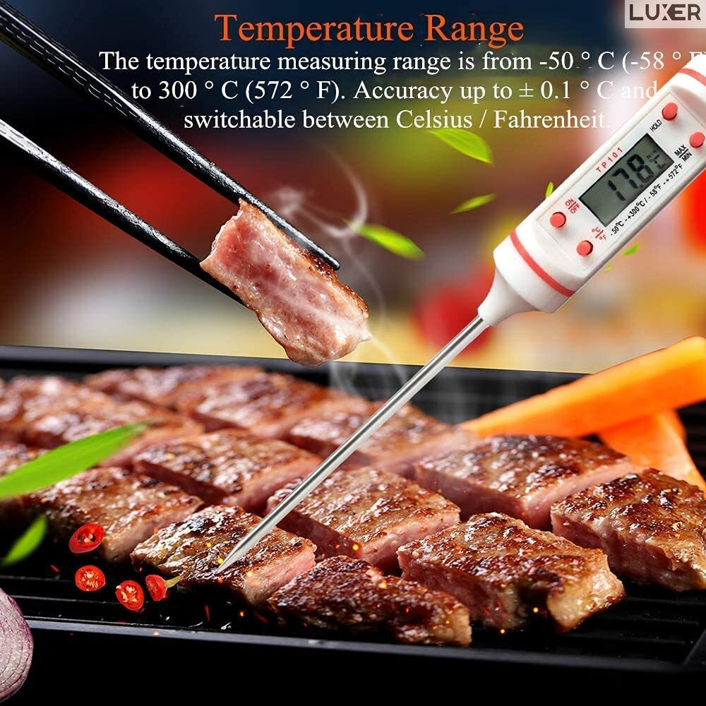 Termometru Alimentar Digital cu Sonda Metalica de Insertie, pentru Mancare sau Bauturi, Afisaj LCD, Oprire Automata, Interval de Masurare -50°C 300°C, 4 Butoane cu Memorie, Alb, Luxer [6]