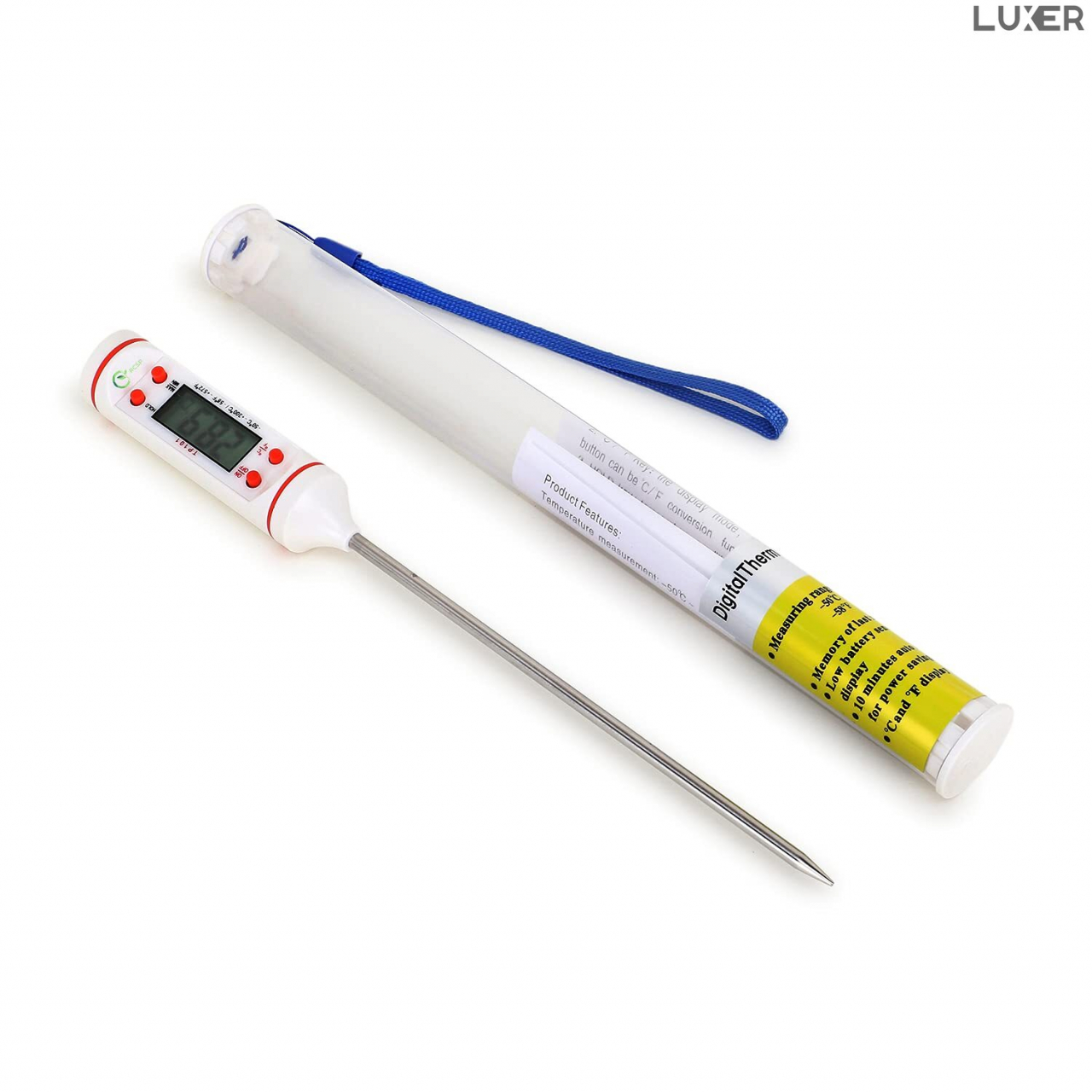 Termometru Alimentar Digital cu Sonda Metalica de Insertie, pentru Mancare sau Bauturi, Afisaj LCD, Oprire Automata, Interval de Masurare -50°C 300°C, 4 Butoane cu Memorie, Alb, Luxer [1]