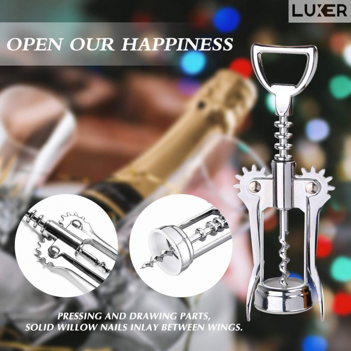 Tirbuson Manual din Inox pentru Sticle de Vin cu Desfacator Bere, Lungime 18.5 cm, Gri, Luxer, desfacator vin manual profesional robust manual ieftin emag luxer [6]