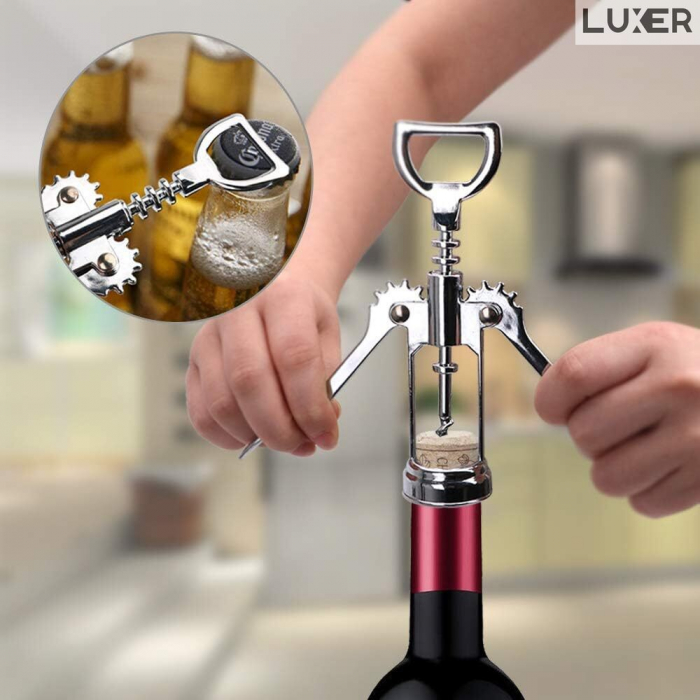 Tirbuson Manual din Inox pentru Sticle de Vin cu Desfacator Bere, Lungime 18.5 cm, Gri, Luxer, desfacator vin manual profesional robust manual ieftin emag luxer [9]