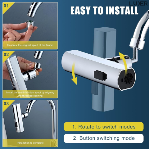 Adaptor universal pentru robinet Luxer cu brat pivotant, economizor de apă și 3 moduri de jet: concentrat, pulverizare largă și mod mixt, ideal pentru bucătărie și baie. [8]