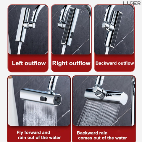 Adaptor universal pentru robinet Luxer cu brat pivotant, economizor de apă și 3 moduri de jet: concentrat, pulverizare largă și mod mixt, ideal pentru bucătărie și baie. [11]