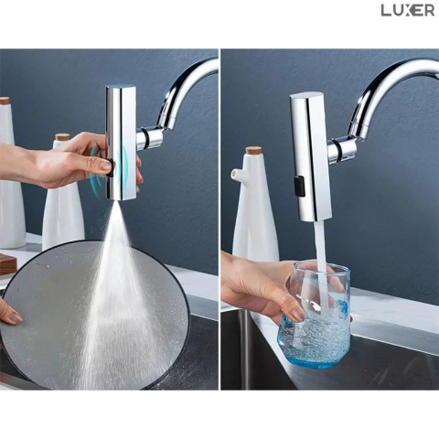 Adaptor universal pentru robinet Luxer cu brat pivotant, economizor de apă și 3 moduri de jet: concentrat, pulverizare largă și mod mixt, ideal pentru bucătărie și baie. [7]