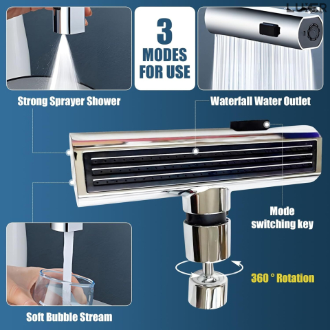 Adaptor universal pentru robinet Luxer cu brat pivotant, economizor de apă și 3 moduri de jet: concentrat, pulverizare largă și mod mixt, ideal pentru bucătărie și baie. [10]