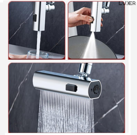 Adaptor universal pentru robinet Luxer cu brat pivotant, economizor de apă și 3 moduri de jet: concentrat, pulverizare largă și mod mixt, ideal pentru bucătărie și baie. [2]