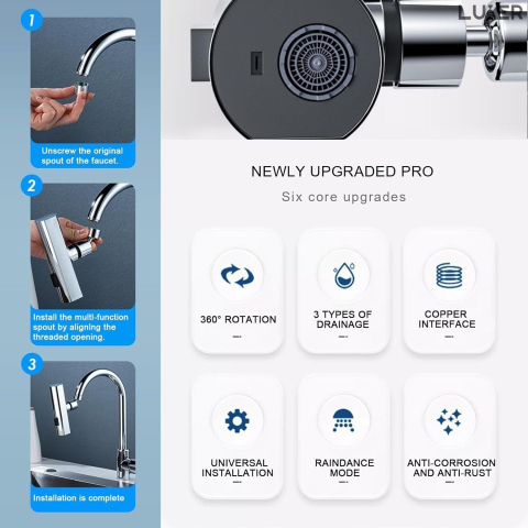 Adaptor universal pentru robinet Luxer cu brat pivotant, economizor de apă și 3 moduri de jet: concentrat, pulverizare largă și mod mixt, ideal pentru bucătărie și baie. [5]