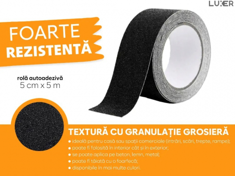 Banda Adeziva Antiderapanta pentru Scari/Trepte Interior/Exterior, Multisuprafete, Rezistenta la Apa, Lungime 5 m, Latime 5 cm, Negru, Luxer, Banda Adeziva Antiderapanta Aderenta Sporita, entru Suprafete Umede, Negru, Luxer Dedeman Leroy Merlin Emag Bilka Luxer [4]