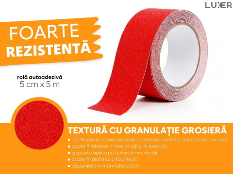 Banda Adeziva Antiderapanta pentru Scari/Trepte Interior/Exterior, Multisuprafete, Rezistenta la Apa, Lungime 5 m, Latime 5 cm, Negru, Luxer, Banda Adeziva Antiderapanta Aderenta Sporita, entru Suprafete Umede, Rosu, Luxer Dedeman Leroy Merlin Emag Bilka Luxer [3]
