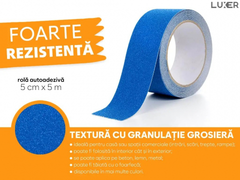 Banda Adeziva Antiderapanta pentru Scari/Trepte Interior/Exterior, Multisuprafete, Rezistenta la Apa, Lungime 5 m, Latime 5 cm, Negru, Luxer, Banda Adeziva Antiderapanta Aderenta Sporita, entru Suprafete Umede, Albastru, Luxer Dedeman Leroy Merlin Emag Bilka Luxer [2]