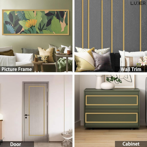 Banda Decorativa Autoadeziva, 1.1 cm x 5 m, pentru Pereti, Mobilier, Decoratiuni Auto si Interioare, Rezistenta la Apa, Durabila, Usor de Aplicat, Gold, Luxer, Banda adeziva decorativa de lipit pentru perete aurie tip platbanda / bordura prete, ornamentala luxer [1]