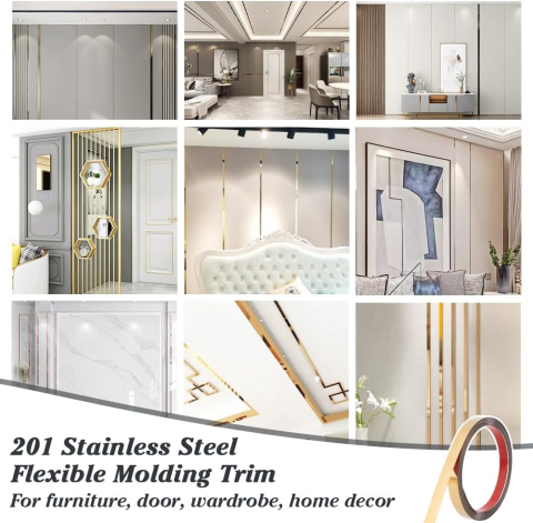 Bandă decorativă autoadezivă Luxer cu efect de oglindă aurie, lungime 5 metri, lățime 1.5 cm, material reflectorizant premium, ideală pentru decoruri interioare, mobilier și rame. [7]