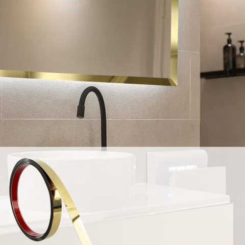 Bandă decorativă autoadezivă Luxer cu efect de oglindă aurie, lungime 5 metri, lățime 2.5 cm, material reflectorizant premium, ideală pentru decoruri interioare, mobilier și rame. [2]