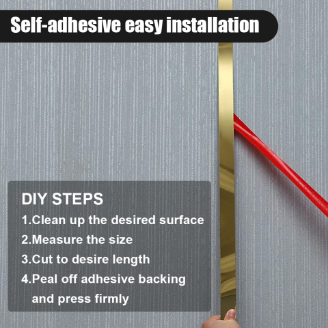 Bandă decorativă autoadezivă Luxer cu efect de oglindă aurie, lungime 5 metri, lățime 2.5 cm, material reflectorizant premium, ideală pentru decoruri interioare, mobilier și rame. [6]