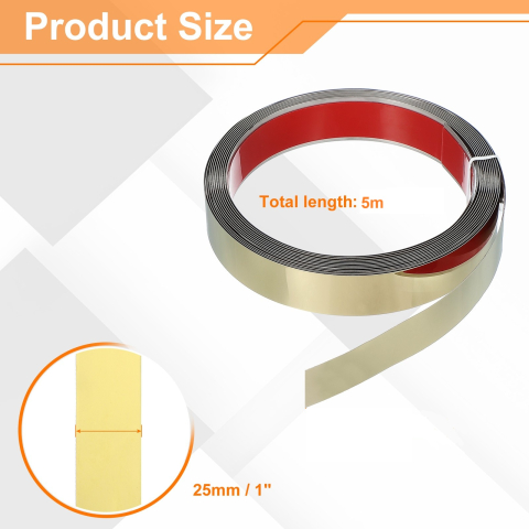 Bandă decorativă autoadezivă Luxer cu efect de oglindă aurie, lungime 5 metri, lățime 2.5 cm, material reflectorizant premium, ideală pentru decoruri interioare, mobilier și rame. [9]