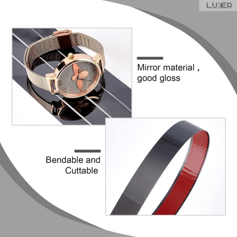 Bandă decorativă autoadezivă Luxer cu efect de oglindă neagra, lungime 5 metri, lățime 1.5 cm, material reflectorizant premium, ideală pentru decoruri interioare, mobilier și rame. [6]
