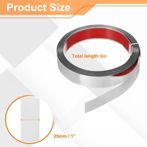 Bandă decorativă autoadezivă Luxer cu efect de oglindă argintie, lungime 5 metri, lățime 2.5 cm, material reflectorizant premium, ideală pentru decoruri interioare, mobilier și rame. [11]