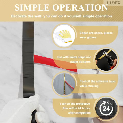 Bandă decorativă autoadezivă Luxer cu efect de oglindă neagra, lungime 5 metri, lățime 1.5 cm, material reflectorizant premium, ideală pentru decoruri interioare, mobilier și rame. [7]