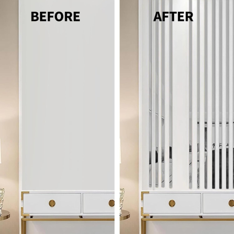 Bandă decorativă autoadezivă Luxer cu efect de oglindă argintie, lungime 5 metri, lățime 2.5 cm, material reflectorizant premium, ideală pentru decoruri interioare, mobilier și rame. [3]