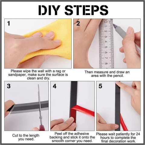 Bandă decorativă autoadezivă Luxer cu efect de oglindă neagra, lungime 5 metri, lățime 2.5 cm, material reflectorizant premium, ideală pentru decoruri interioare, mobilier și rame. [9]