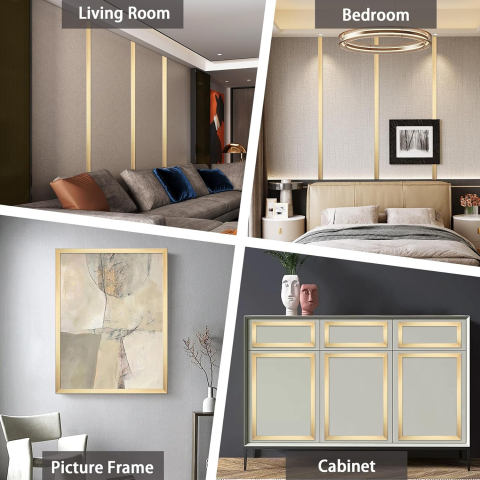 Bandă decorativă autoadezivă Luxer cu efect de oglindă aurie, lungime 5 metri, lățime 4 cm, material reflectorizant premium, ideală pentru decoruri interioare, mobilier și rame. [5]