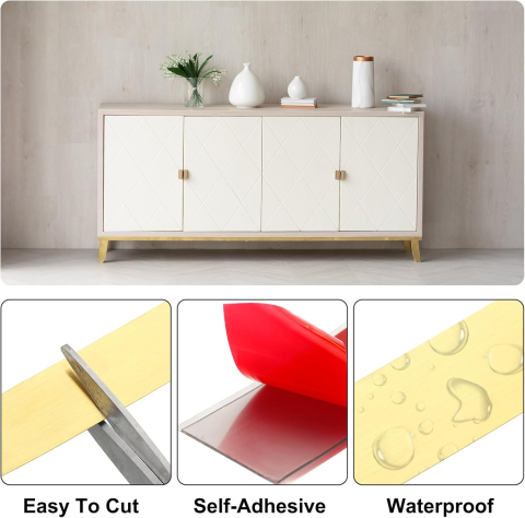 Bandă decorativă autoadezivă Luxer cu efect de oglindă aurie, lungime 5 metri, lățime 4 cm, material reflectorizant premium, ideală pentru decoruri interioare, mobilier și rame. [6]