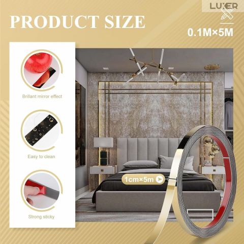 Banda Decorativa Autoadeziva Pentru Perete Cu Efect de Oglinda Luxer, Lungime 500 cm, Latime 1 cm, Gold, Banda Adeziva Metalica Pentru Mobila/Usi/Ferestre pentru Decor Dedeman Leroy Merlin Emag Gresie/Faianta Luxer [10]