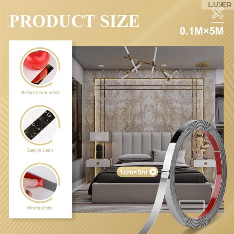 Banda Decorativa Autoadeziva Pentru Perete Cu Efect de Oglinda Luxer, Lungime 500 cm, Latime 1 cm, Silver, Banda Adeziva Metalica Pentru Mobila/Usi/Ferestre pentru Decor Dedeman Leroy Merlin Emag Gresie/Faianta Luxer [10]