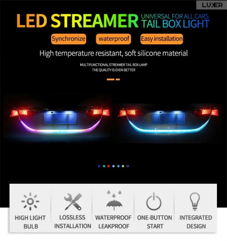 Banda LED Autoadeziva Pentru Portbagaj cu Semnalizare Dinamica Stanga/Dreapta/Marsarier/Frana, Rezistenta la Apa si la Temperaturi Ridicate, Compatibilitate Universala,Lungime 120 cm, Luxer, Banda LED Auto Autoadeziva Pentru Portbagaj cu Semnalizare Dinamica, Pentru Exterior, Dedeman, Rgb, 12 V, kit banda led pentru stopuri, Altex Jumbo Olx Leroy Merlin Luxer [6]