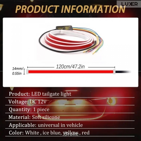 Banda LED Autoadeziva Pentru Portbagaj cu Semnalizare Dinamica Stanga/Dreapta/Marsarier/Frana, Rezistenta la Apa si la Temperaturi Ridicate, Compatibilitate Universala,Lungime 120 cm, Luxer, Banda LED Auto Autoadeziva Pentru Portbagaj cu Semnalizare Dinamica, Pentru Exterior, Dedeman, Rgb, 12 V, kit banda led pentru stopuri, Altex Jumbo Olx Leroy Merlin Luxer [7]