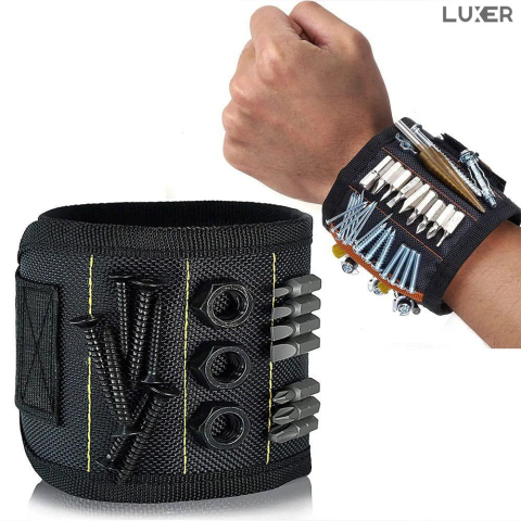 Brățară magnetică Luxer pentru susținerea șuruburilor, uneltelor, cuielor și burghielor, cu 15 magneți puternici neodim, reglabilă și confortabilă, ideală pentru bricolaj și reparații. [1]