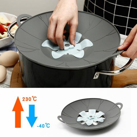Capac din Silicon pentru Oala cu Orificiu Abur, Sistem Inteligent Antiscurgere, Marime Universala, Diametru 26 cm, 2 Manere, Rezistent intre -40 si 230 °C, Functie Gatire la Aburi, Gri, Luxer [7]