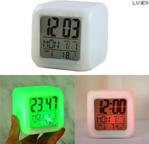 Ceas Digital pentru Masa/Birou/Noptiera, Multifunctional, cu Termometru si Alarma, Multiple Culori, Dimensiuni 8x8x8 cm, Luxer [8]