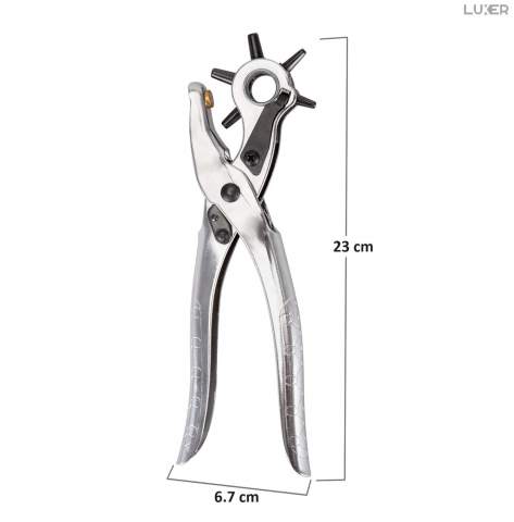 Cleste Perforator Pentru Facut Gauri La Curele, Genti, Pantofi, Zgarzi sau Alte Proiecte de Bricolaj, Cap Rotativ Pentru 6 Dimensiuni de Gauri, Functie Capsare si Nituire, 23 cm, Argintiu, Luxer [11]